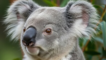 Close up portrait of a curious koala with fluffy ears and gray fur in a lush green background.