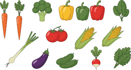 Professional flat vector vegetable icon set featuring carrots broccoli bell peppers tomatoes corn eggplant cucumber and healthy greens.