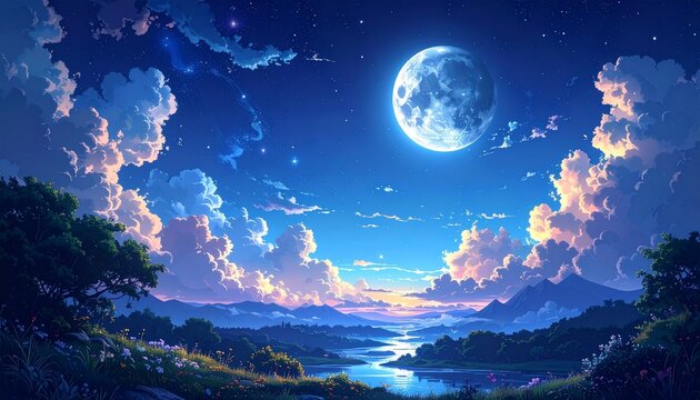 Full moon over misty mountain river valley at twilight with dramatic clouds and vibrant sky