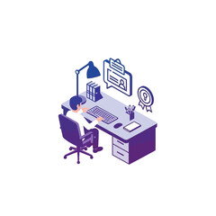 Fototapeta premium Isometric View of Man Working on Computer at Office Desk in Productive Environment on Isolated White Background