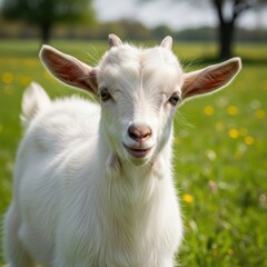 Obraz premium Closeup of a friendly white goat in a sunlit meadow field stance.