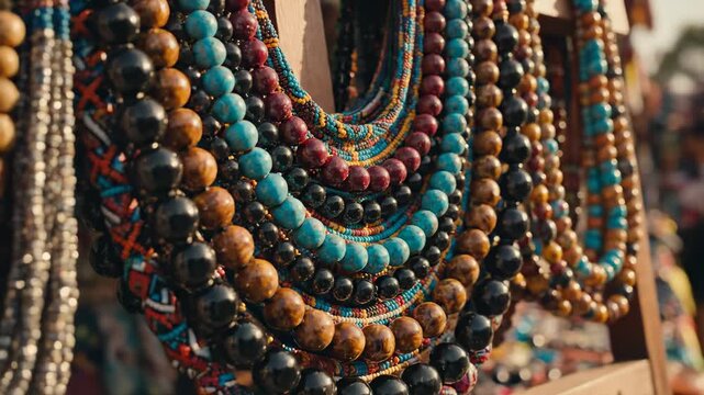 Colorful beaded necklaces displayed for sale at an outdoor market.