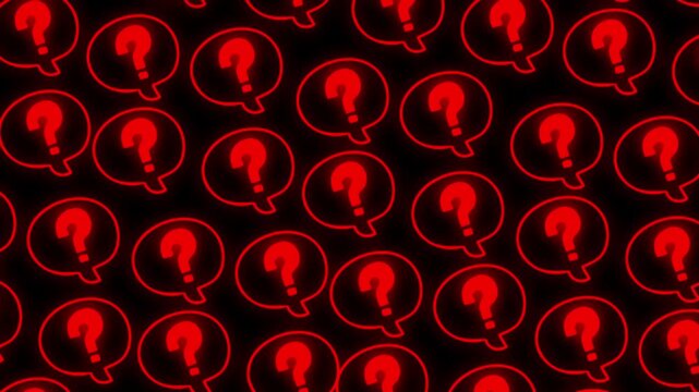Repeating pattern of red question marks inside speech bubbles with glowing outlines on a black background