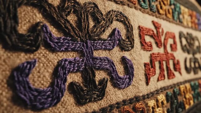 Close-up of colorful embroidered textile with intricate patterns and designs.