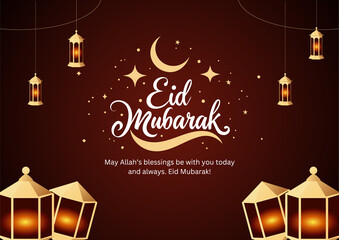 Elegant Eid Mubarak greeting with crescent moon, stars, and glowing lanterns on a dark red background, wishing blessings © Md Yeasin