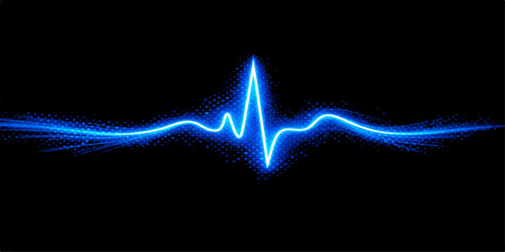 Abstract blue wave EKG pulse line on a black background showing a digital medical electrocardiogram heartbeat monitor graph for health technology design