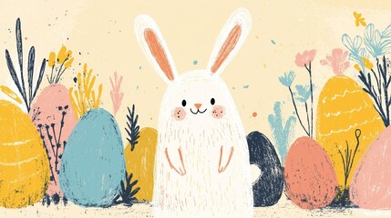 Happy Easter bunny finding colorful eggs in spring field banner. Cute bunny standing among pastel colored Easter eggs and stylized spring plants