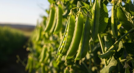 Fototapeta premium Fresh green pea pods growing on a vine in a sunny field, ready for harvest.
