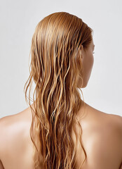 Fototapeta premium Rear view of woman with long wet blonde hair