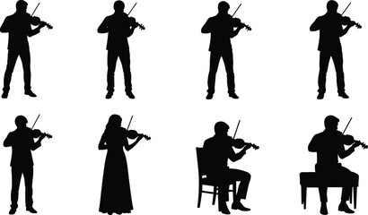 Collection of violinist silhouettes isolated on background, classical musician playing violin music performance illustration set bundle concept design © Forit