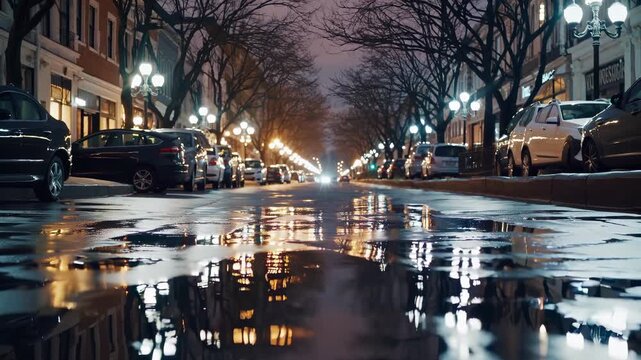wet street reflecting lamp light with puddle reflection of car and storefront in urban night rain illuminated by lampposts and parked car silhouette creating moody city reflection on wet pavement