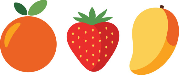 Fresh tropical fruit set with orange, red strawberry and yellow mango, sweet organic summer food vector illustration isolated on white background.