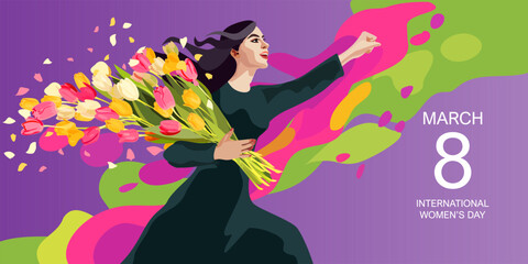 International Womens Day 8 March postcard. Young woman with flowers and hand clenched into fist.