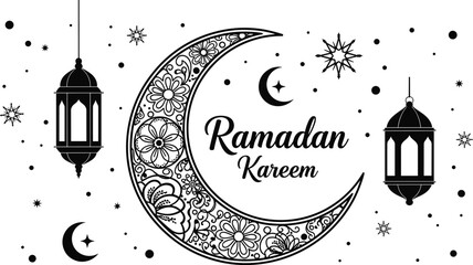 Elegant Ramadan Kareem crescent moon and lantern, Islamic festival greeting illustration, with floral patterns stars night background, vector design black © Forit
