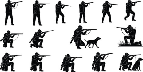 Hunter silhouettes with rifles and hunting dogs, outdoor hunting activity poses collection for wildlife sport, shooting and tracking illustration set © Forit