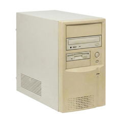 Vintage beige desktop computer tower isolated on transparent background