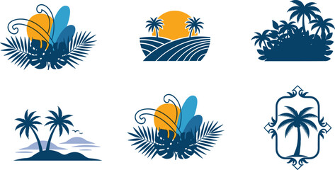 Tropical island landscape silhouettes set with coconut palm trees, summer sunset over sea and exotic floral elements vector illustration isolated on white background. © MdAkramul