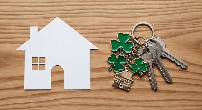 St. Patrick's Day House Keys with Lucky Shamrock Keychains and a White House Silhouette on a Wooden Background