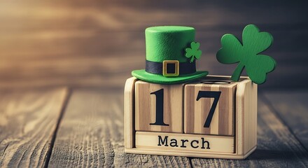 St. Patrick's Day Calendar Displaying March 17th with Leprechaun Hat and Shamrock on Rustic Wooden Background