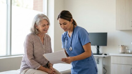 Fototapeta premium Helping Nurse Retirement Staff Discussion with Patient Consulting and Mature Support with staff, nurse, helping, discussion, retirement, consulting