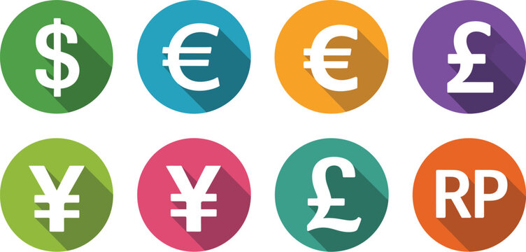 Flat design illustration of eight colorful currency symbols, representing global finance, investment, and economic exchange.