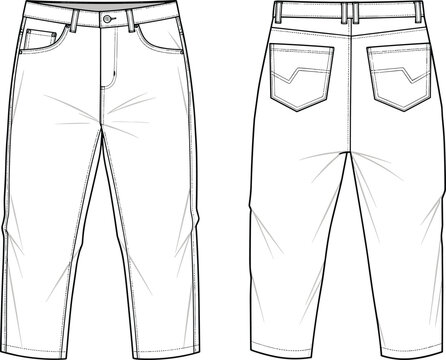 Women cropped denim jeans technical CAD drawing with contrast topstitching and five pocket detail front and back view flat vector illustration.