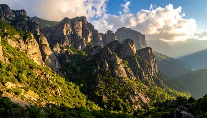 A majestic mountain range bathed in golden sunlight, with rugged peaks and lush green foliage. Dramatic clouds fill the sky