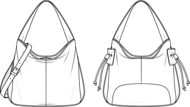 Women hobo shoulder bag technical CAD drawing with adjustable strap and drawstring details flat vector illustration for fashion tech pack.
