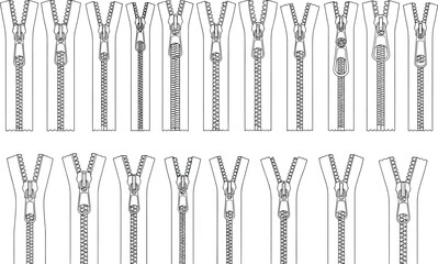 Technical Zipper Brush Set for Fashion Design, Metal and Plastic Zip Fastener Details, CAD Drawing Flat Vector Illustration Design Elements © Najmin