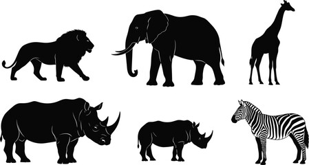African wildlife silhouettes set, lion elephant giraffe zebra rhinoceros collection, safari animals illustration, black nature fauna design © Amit World