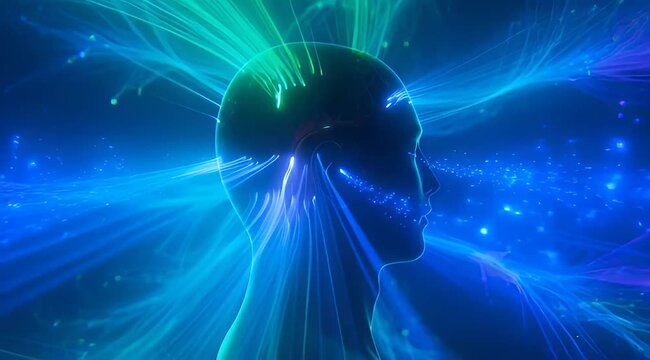 Abstract human head profile with vibrant light rays emanating from it
