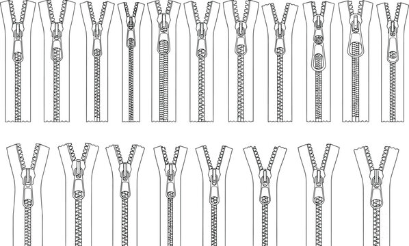 Technical Zipper Brush Set for Fashion Design, Metal and Plastic Zip Fastener Details, CAD Drawing Flat Vector Illustration Design Elements