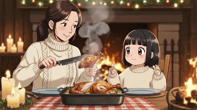 Anime mother and daughter carving festive roasted turkey near warm fireplace during christmas holiday dinner gathering
