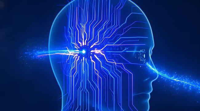Human head outline with electronic circuit connections symbolizing AI technology integration
