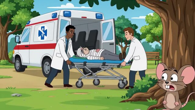 Cartoon animation of paramedics with injured patient on gurney arriving at ambulance in park with a mouse observing the situation
