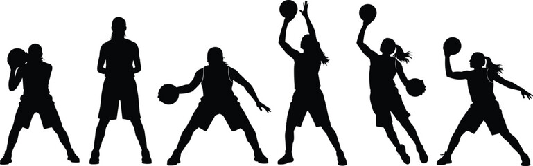 Basketball player silhouettes set, dribbling shooting poses, female athlete action collection, sports activity illustration, isolated fitness training design © Amit World