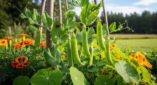 Fresh green pea pods growing on a vine in a sunny garden surrounded by colorful flowers.