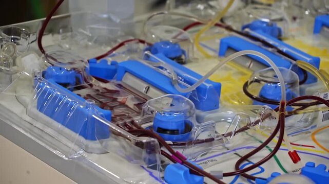 Medical apheresis machine used for bone marrow transplantation procedure in hospital laboratory
