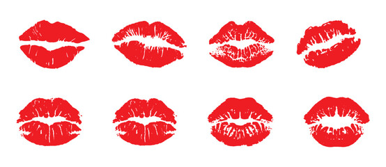 Red lipstick kiss marks collection isolated on white background featuring sexy lips prints for beauty makeup branding valentines romance fashion advertising seamless vector illustration design set