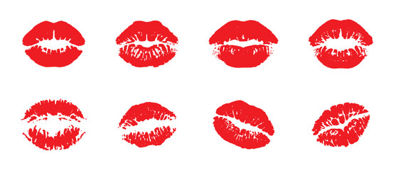 Red Lipstick Kiss Marks and Heart Shape Set, Love and Romance Vector Illustration