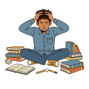 Frustrated Indian student sitting on floor holding head surrounded by heavy textbooks