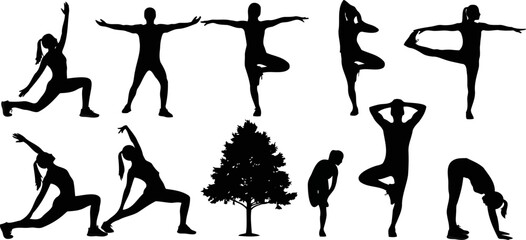 Obraz premium Silhouettes of people performing various yoga poses with a tree