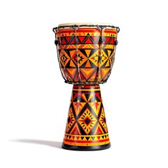 Traditional African djembe drum with goblet shape vibrant geometric red yellow orange black patterns rope tuning cultural percussion design