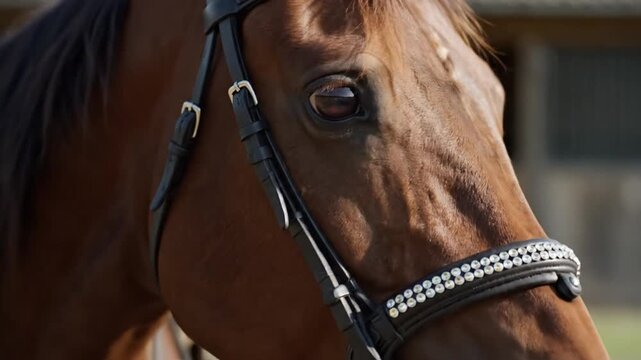 Close-up of elegant bay horse head with ornate bridle