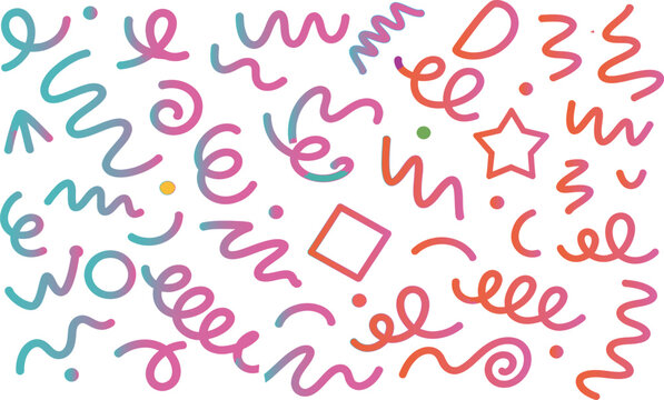 Multicolor confetti and abstract doodle shapes, festive pattern, illustration