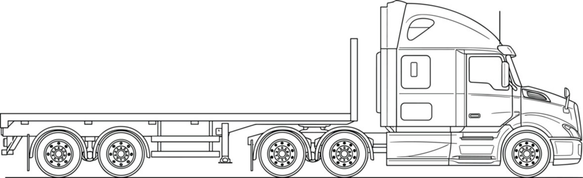 Modern heavy duty semi truck with flatbed trailer technical line art vector illustration for logistics freight transport and commercial shipping industry design concepts