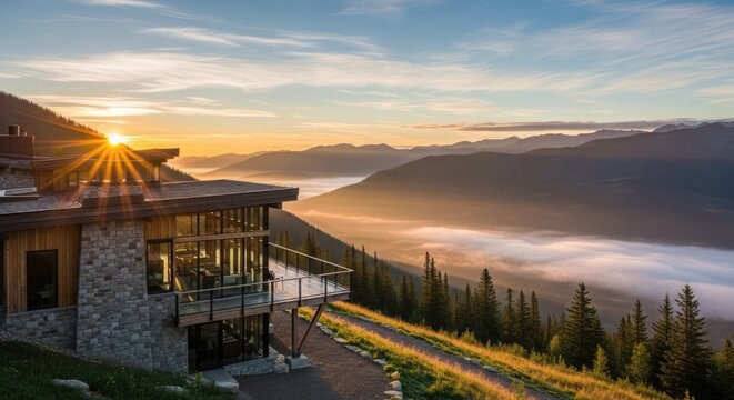 Dramatic Sunrise View of Modern Mountain Lodge and Deck overlooking a Valley Filled with Fog and Layered Rocky Mountains