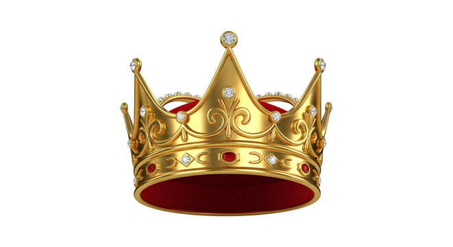 Golden royal crown with red velvet lining and diamonds, isolated on transparent background