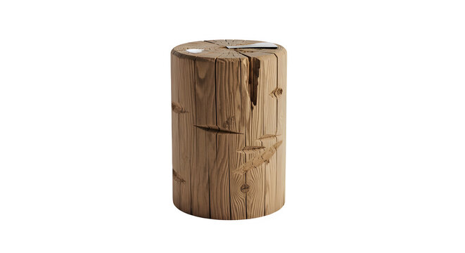 Rustic wooden tree stump stool or side table with natural grain and cracks, isolated on transparent background