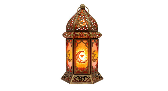 Ornate ramadan lantern with glowing crescent moon and star detail, isolated on transparent background